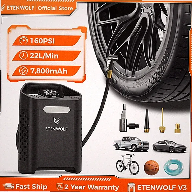 ETENWOLF V3 Portable Tire Inflator 160 PSI 7800mAh Air Pump for Car Motorcycle